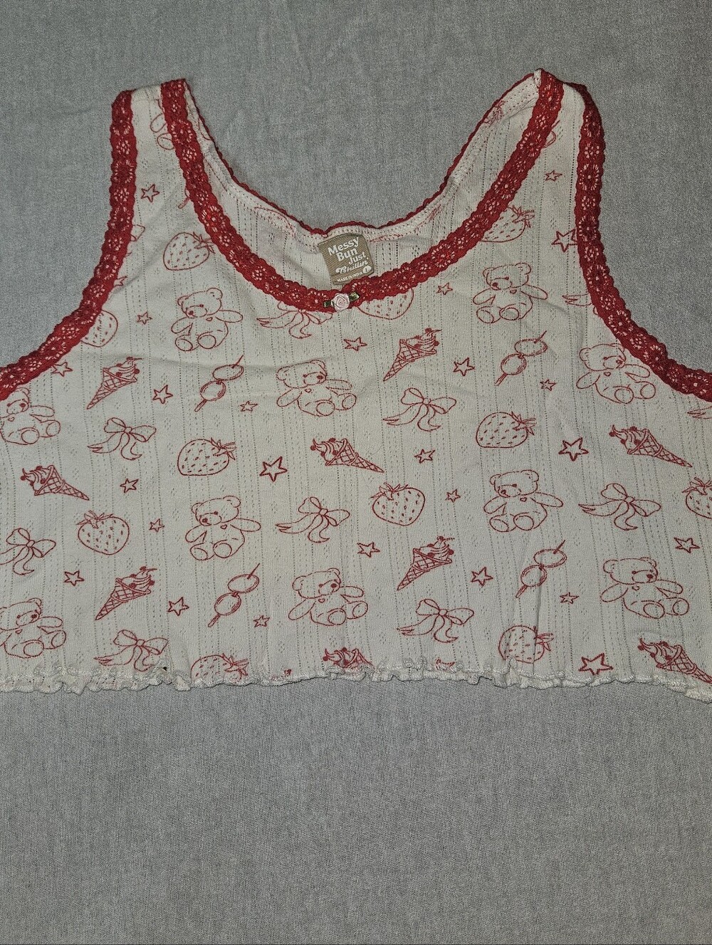 Girls Red & White Cotton Sleep Tank - Cozy Strawberry & Teddy Print